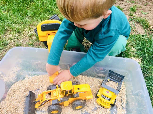 Sensory Bin Oatmeal and Trucks - Twin Mom Refreshed